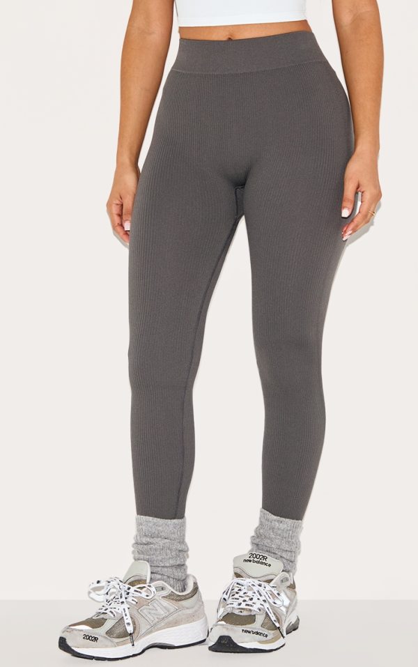 Petite Charcoal Snatched Rib Seamless Leggings