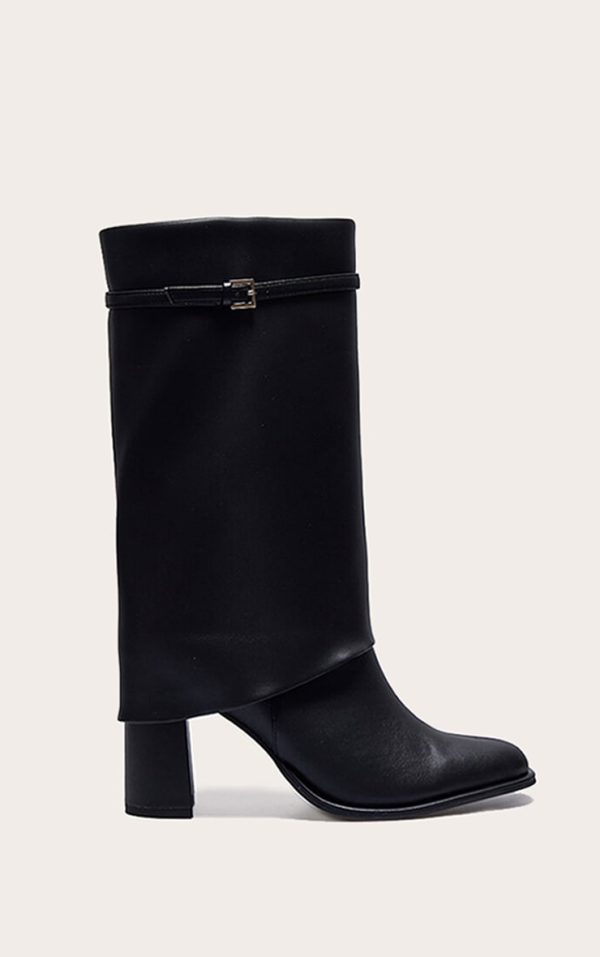 Black PU Point Toe Buckle Detail Block Heel Calf High Boots