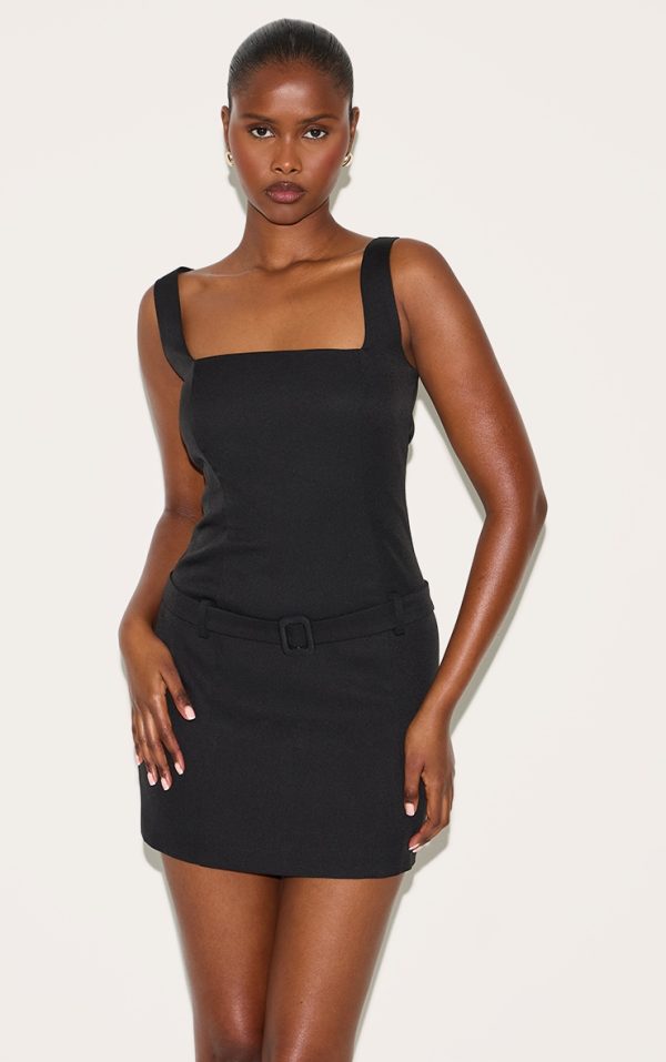 Black Scoop Neck Belted Shift Dress