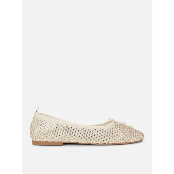 Embellished Bow Ballerina Flats - Cream