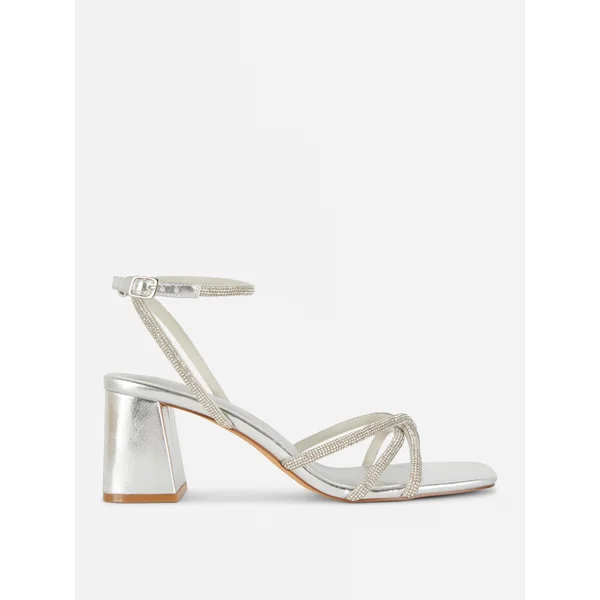 Embellished Strappy Block Heels - Silver