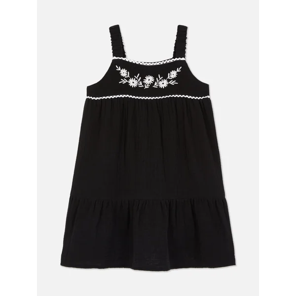 Embroidered Floral Summer Dress - Black