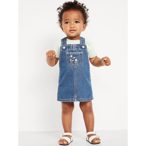 Embroidered Jean Skirtall Dress for Baby - Medium Wash