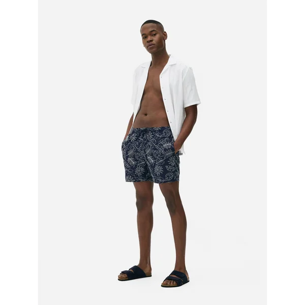 Embroidered Leaf Board Shorts - Navy