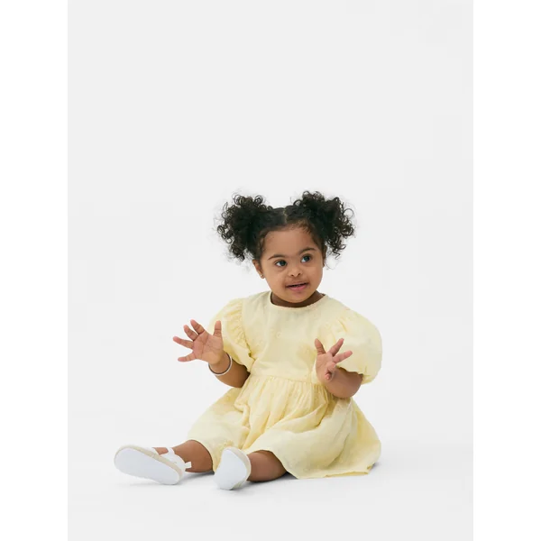 Embroidered Puff Sleeve Ruffle Dress - Light Yellow