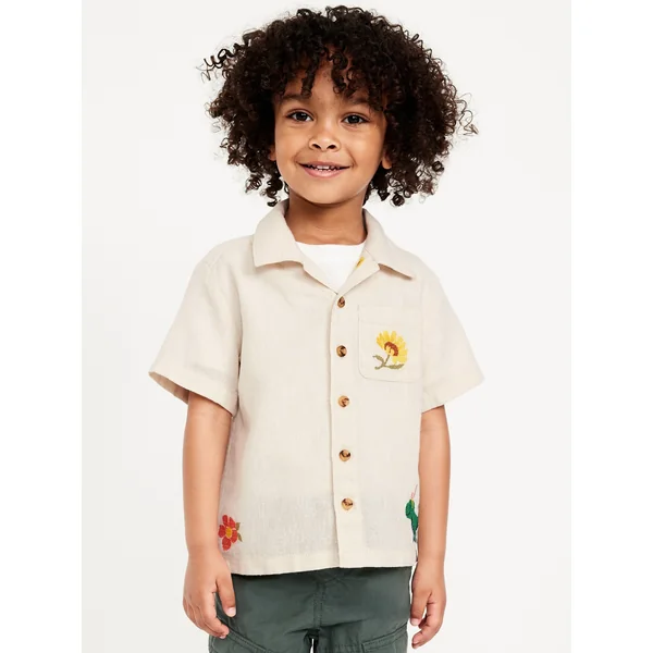 Embroidered Short-Sleeve Linen-Blend Shirt for Toddler Boys - Creme De La Creme