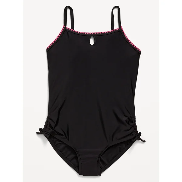 Embroidered Side-Ruched One-Piece Swimsuit for Girls - Black Jack