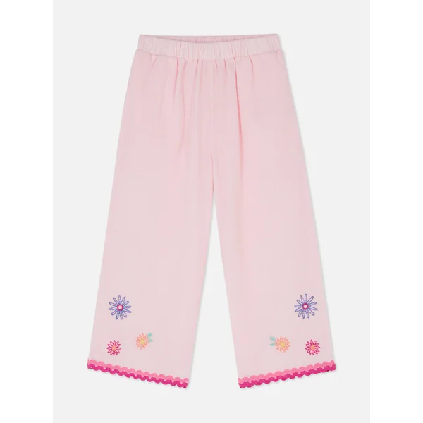 Embroidered Stretch Waist Pants - Pink