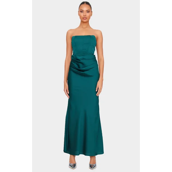 Emerald Green Satin Corset Detail Draped Maxi Dress