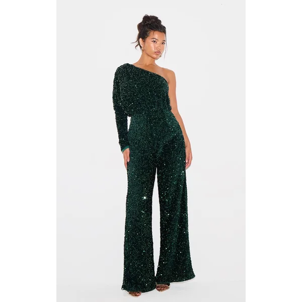 Emerald Green Velvet Sequin One Shoulder Wide Leg Jumpsuit