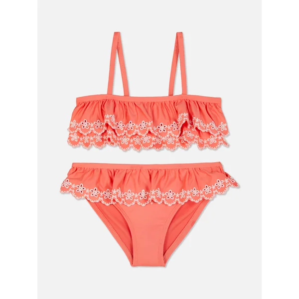 Eyelet Tiered Bikini Set - Coral