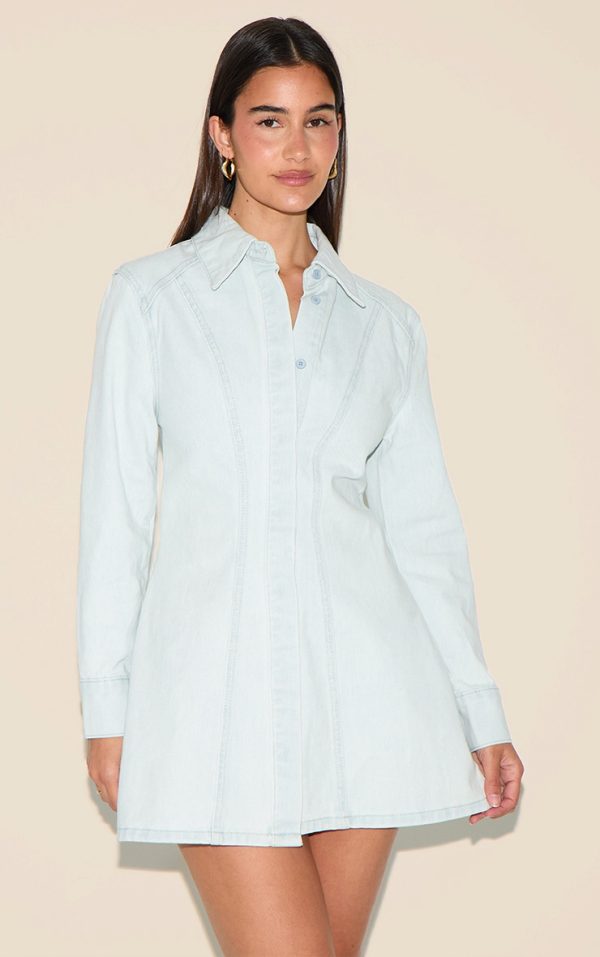 Ice Blue Long Sleeve Cinched Waist Denim Shirt Dress