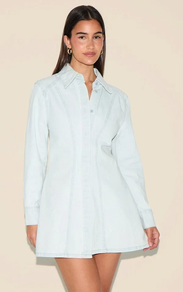 Ice Blue Long Sleeve Cinched Waist Denim Shirt Dress