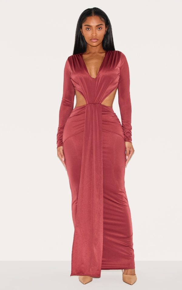 Shape Burgundy Deep Plunge Open Back Maxi Dress