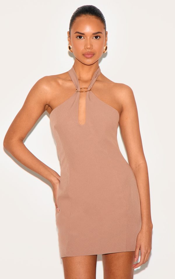 Beige Woven Trim Detail Mini Dress