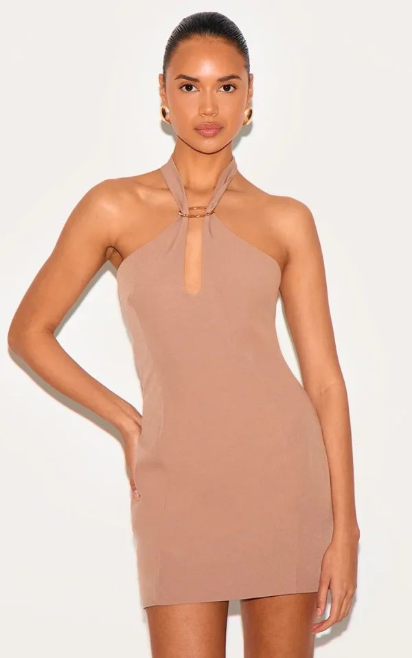 Beige Woven Trim Detail Mini Dress