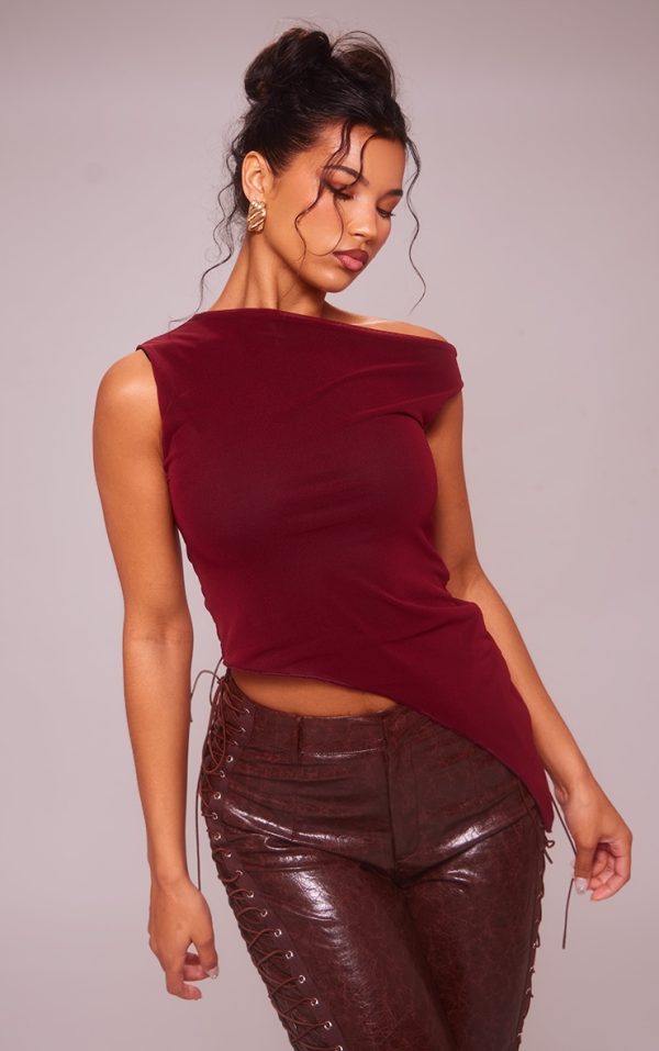 Cherry Red Asymmetric Neck Mesh Top