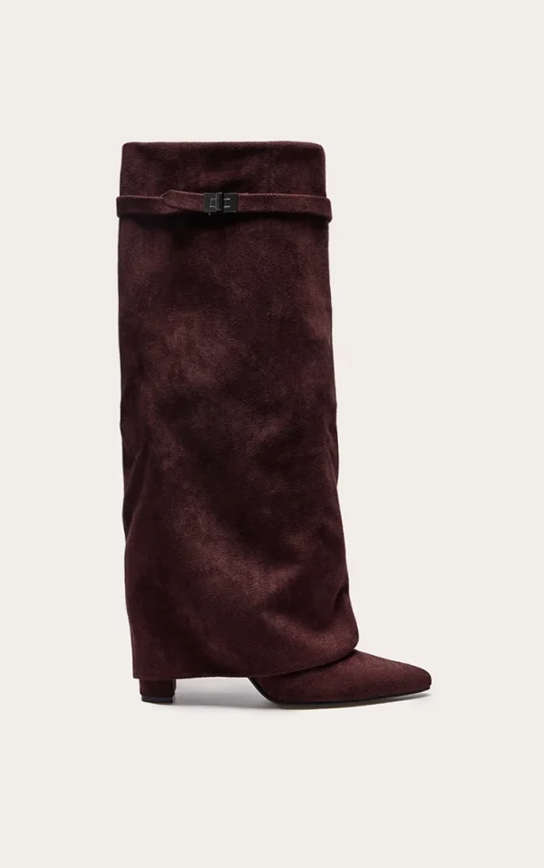 Chocolate Faux Suede Point Toe Fold Over Knee Block Heeled Boots