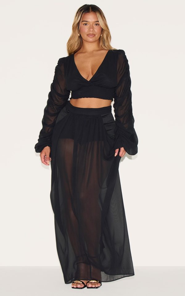 Shape Black Chiffon Highwaisted Drape Maxi Skirt