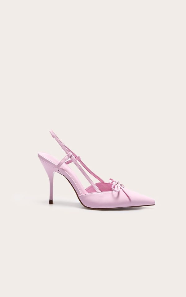 Baby Pink PU Point Toe Bow Detail Mid Heeled Courts