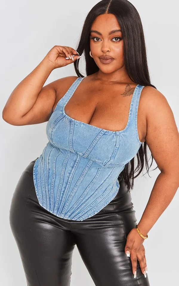 Plus Vintage Light Wash Seam Detail Denim Corset