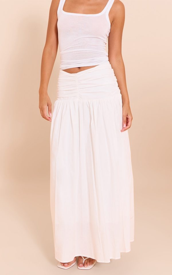 White Cotton Poplin Ruched Dropped Waist Maxi Skirt