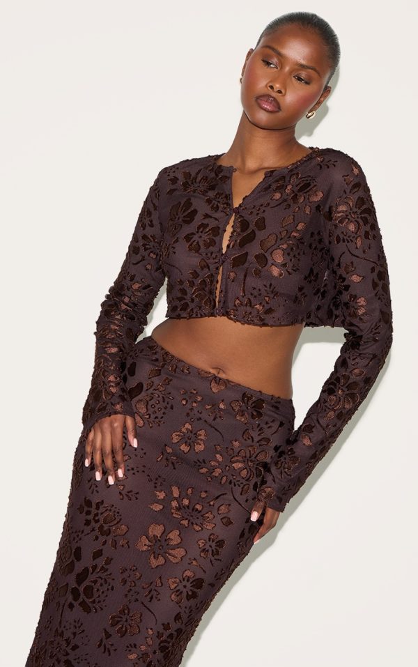 Chocolate Floral Button Cropped Top