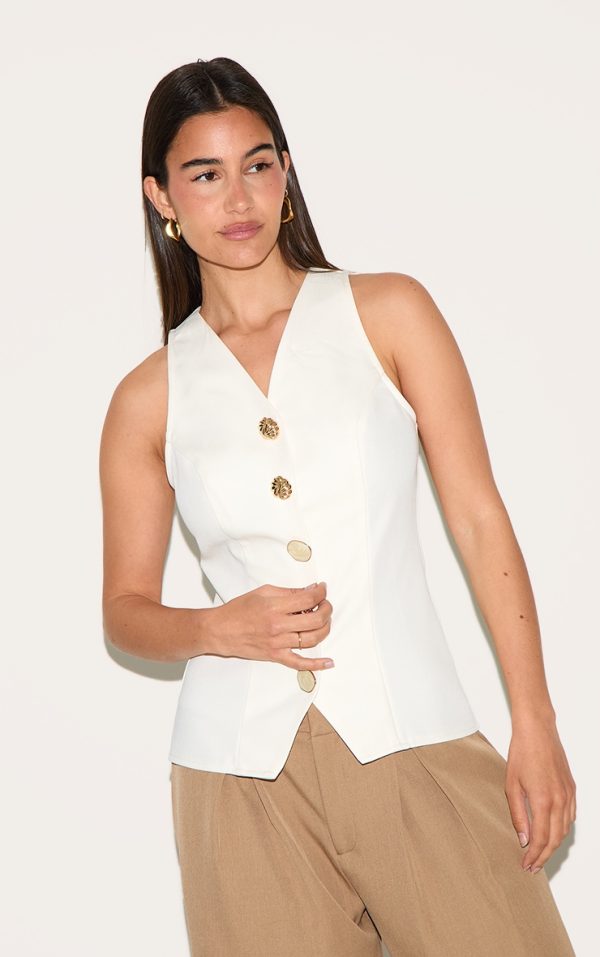 Cream Woven Gold Button Detail Fitted Vest