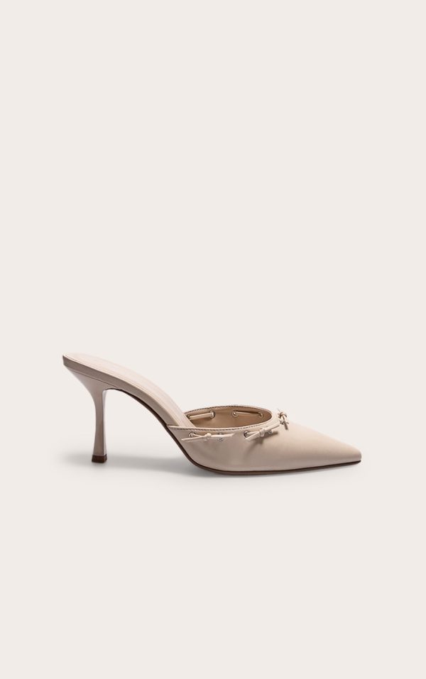 Cream Pu Point Toe Bow Mid Stiletto Heeled Court Mules