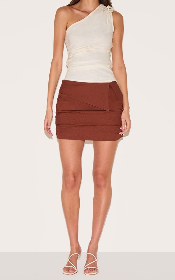 Chocolate Linen Blend Foldover Ruched Mini Skirt