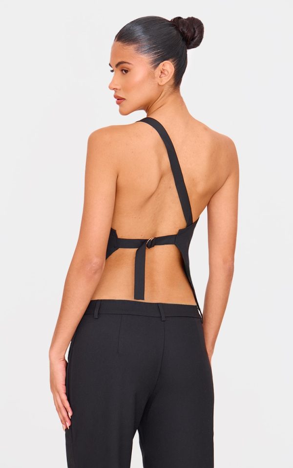 Black Woven Tailored One Shoulder Long Top