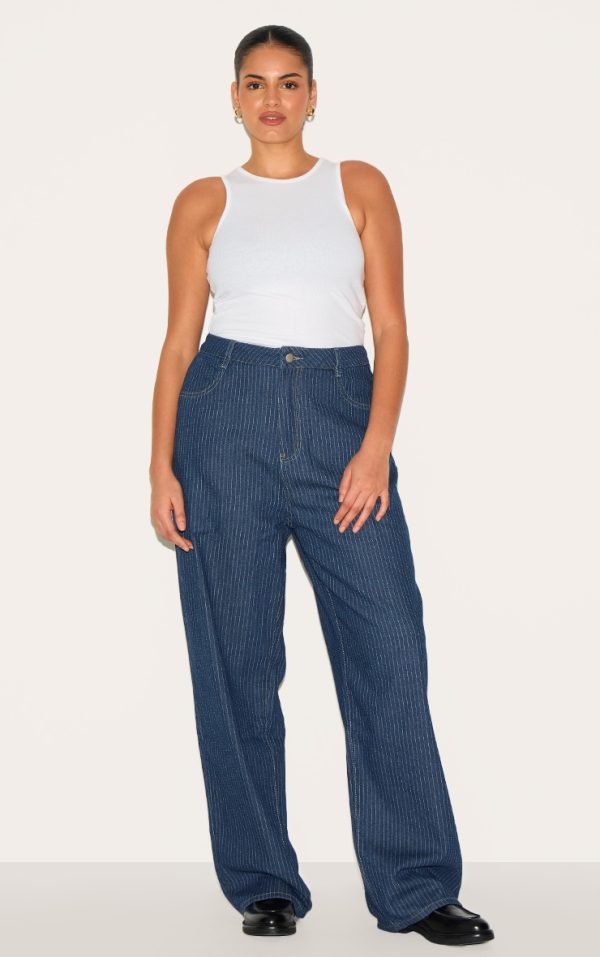 Plus Indigo Pinstripe Denim Straight Leg Jeans
