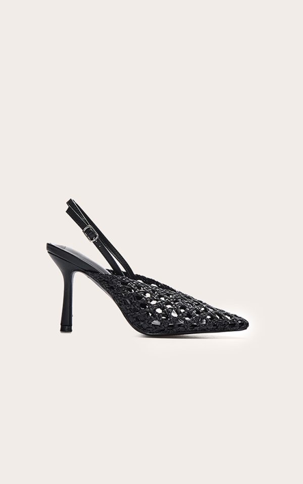 Black Pu Point Toe Woven High Heeled Sling Back Courts