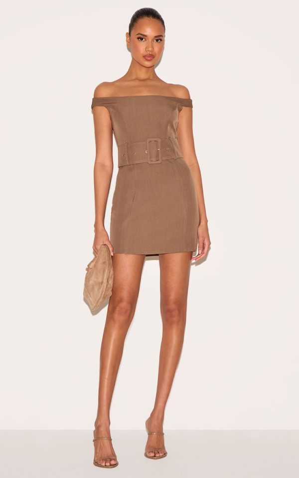 Taupe Woven Off Shoulder Belt Detail Mini Dress