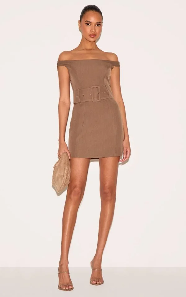 Taupe Woven Off Shoulder Belt Detail Mini Dress