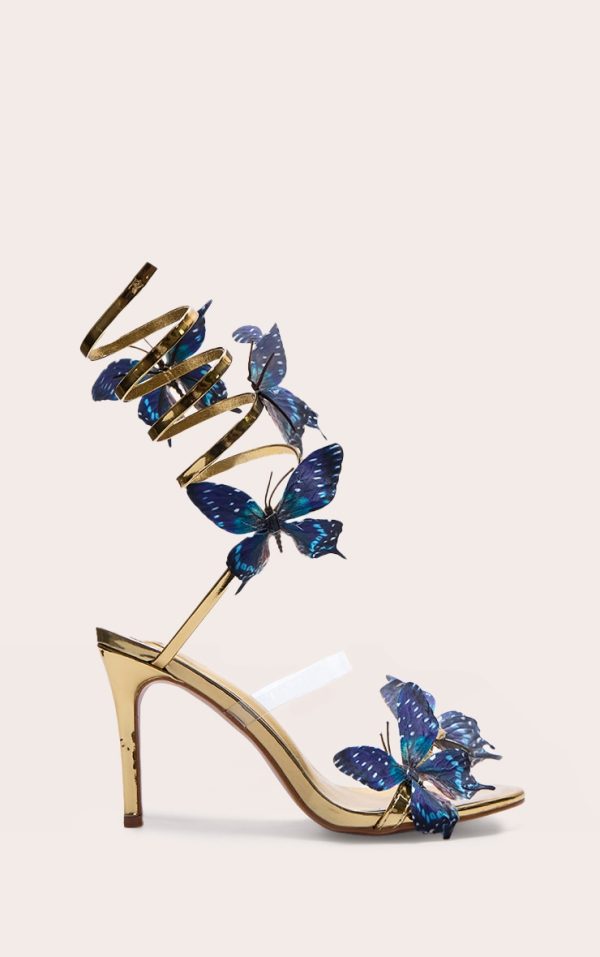Gold PU Round Toe Blue Butterfly Spiral Strap High Heeled Sandals