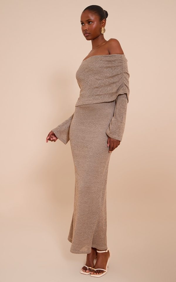 Mocha Textured Bardot Foldover Maxi Dress