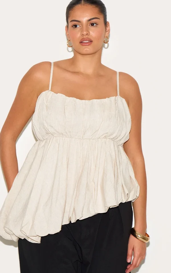 Plus Beige Linen Look Puff Ball Asymmetric Cami