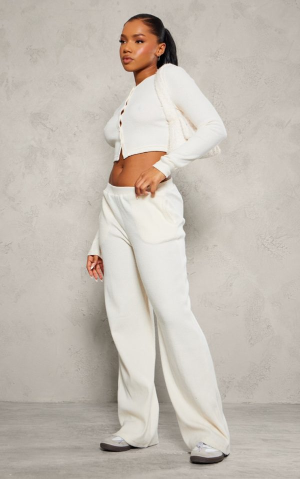 Cream Brushed Rib Wide Leg Pant