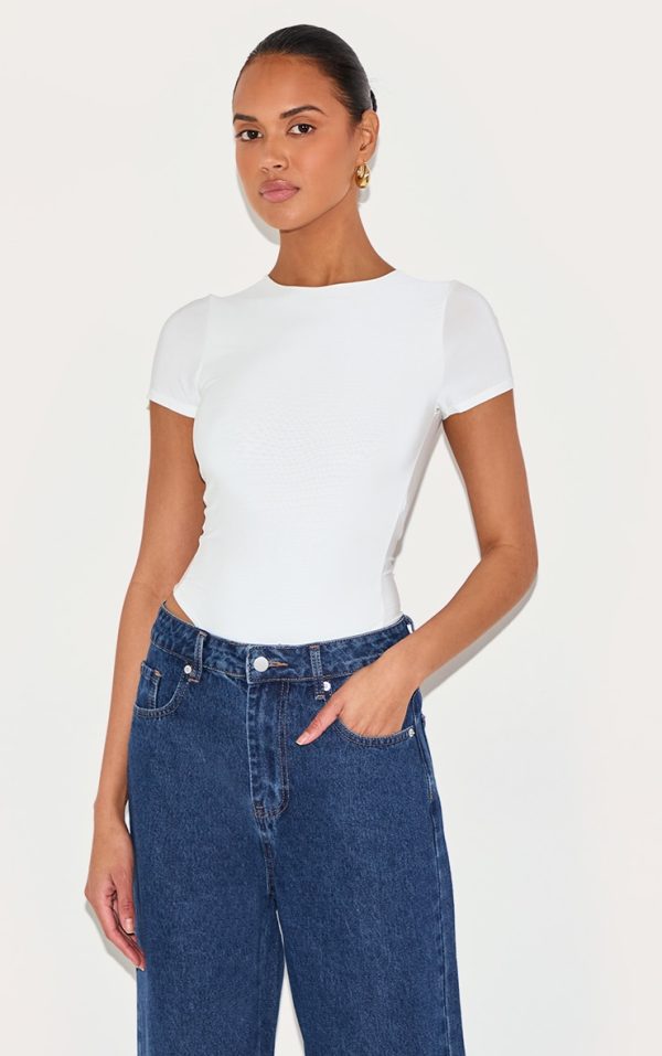 White Basic Slinky Short Sleeve Bodysuit