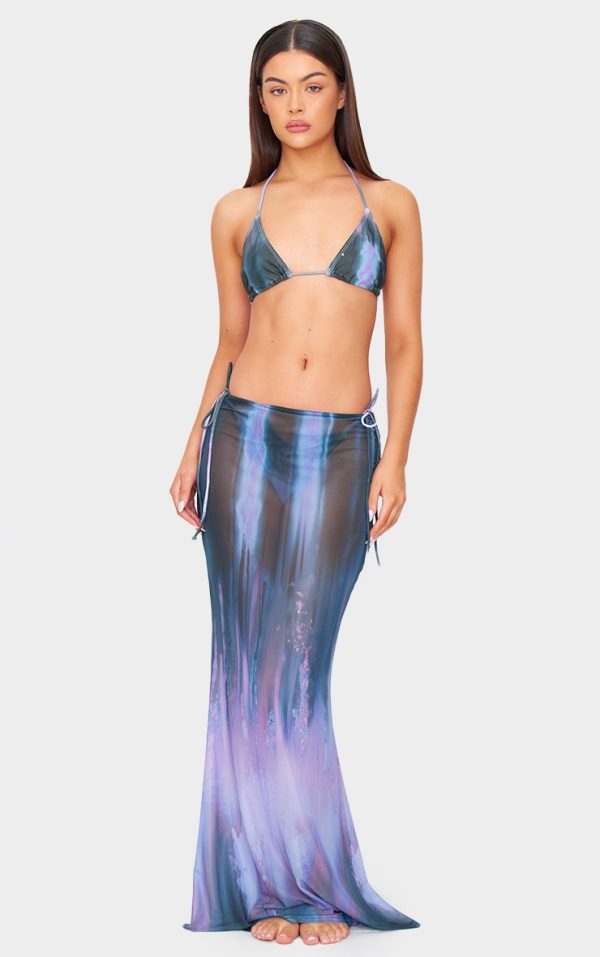Purple Blur Print Mesh Bodycon Maxi Beach Skirt