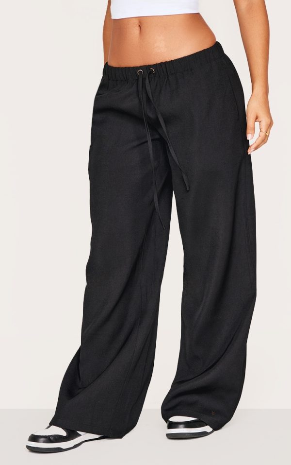 Petite Black Premium Woven Drawstring Waistband Low Rise Pants