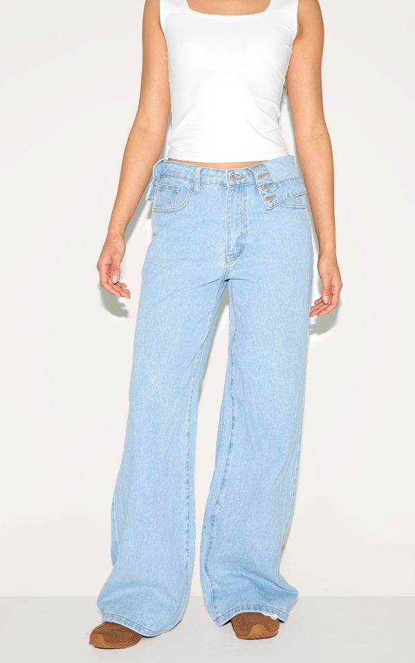 Light Blue Foldover Waist Detail Wide Leg Jean