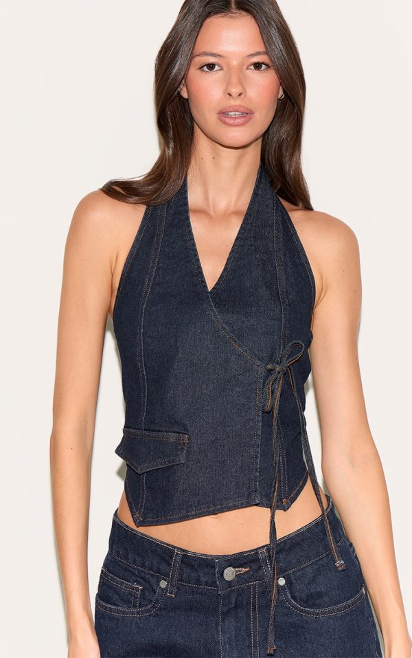 Indigo Halter Neck Wrap Front Denim Vest