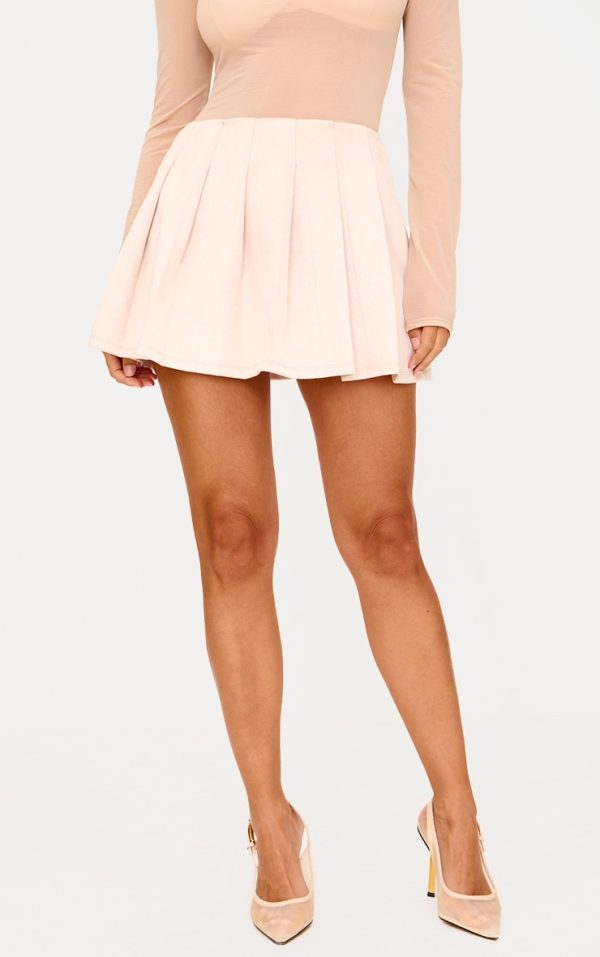 Light Beige Faux Suede Pleated Mini Skirt