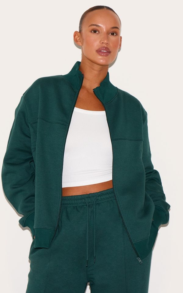 Plus Forest Green Seam Detail Zip Through Oversized Track Top
