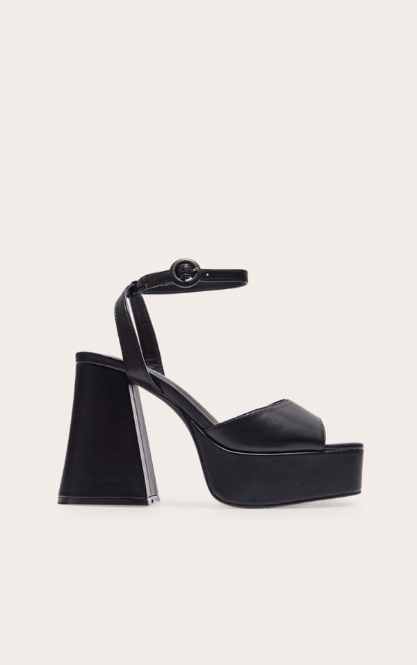 Black PU Strap Detail Flare Platform Heeled Sandals