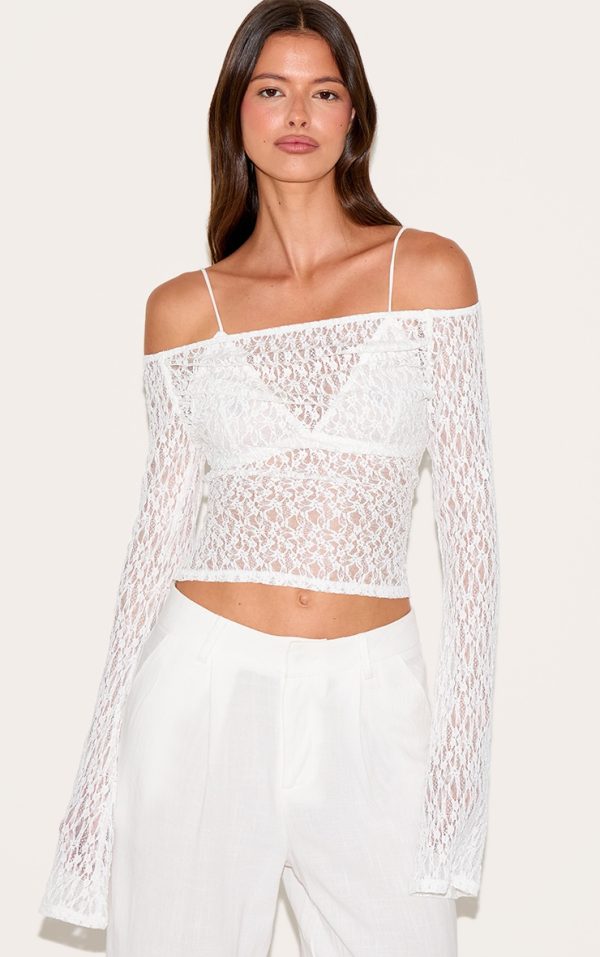 White Textured Sheer Lace Bardot Flared Sleeve Long Top