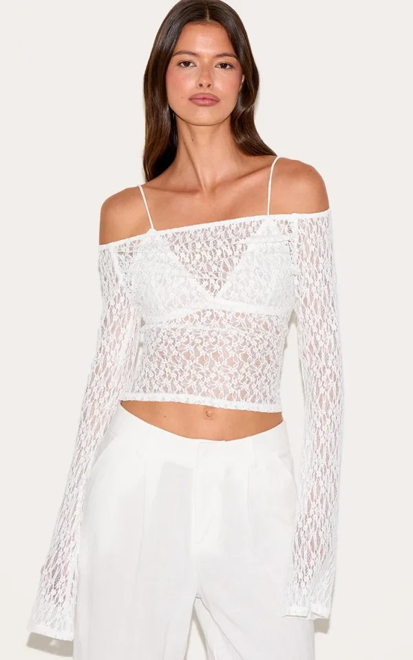 White Textured Sheer Lace Bardot Flared Sleeve Long Top