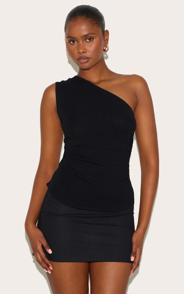 Black Fine Knit One Shoulder Ruched Side Top